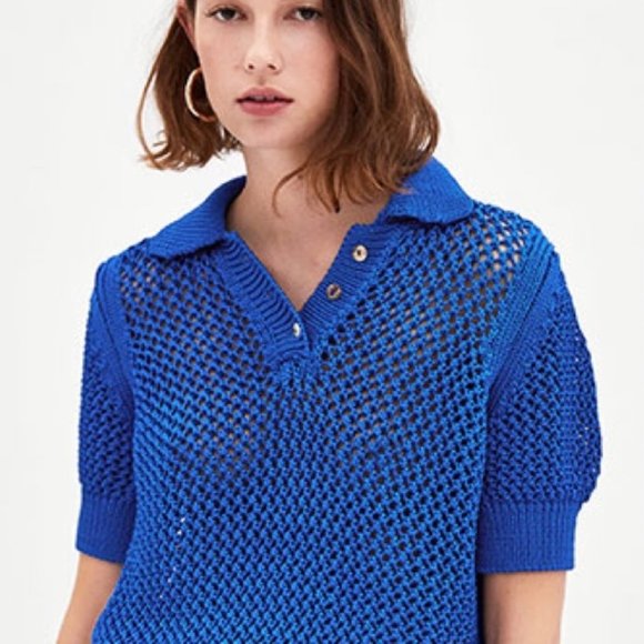 ZARA OPEN KNIT POLO SHIRT COBALT BLUE SIZE LARGE - Picture 3 of 4
